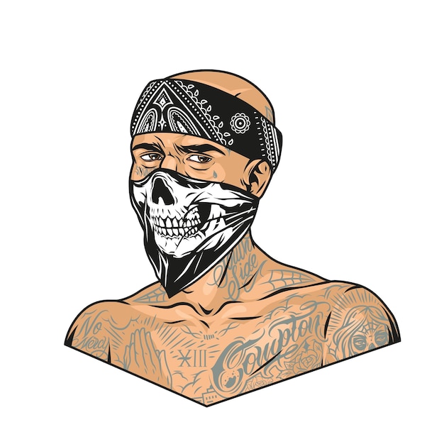 Homem com tatuagens chicanas usando bandana e uma máscara assustadora em uma ilustração isolada de estilo vintage