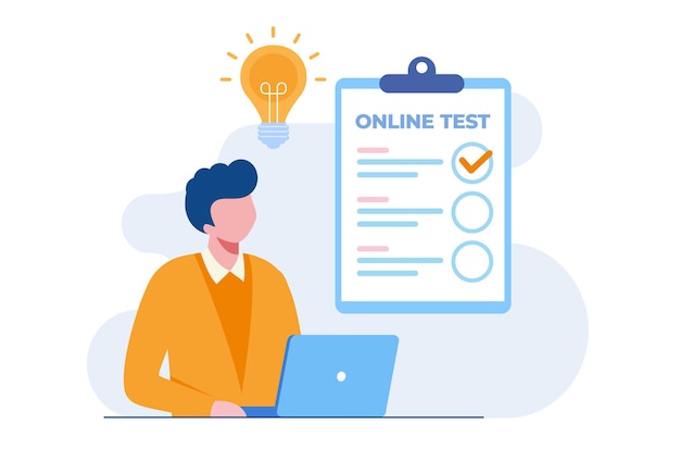 Homem com um laptop passando no teste online e verificando as respostas. Ilustração vetorial plana