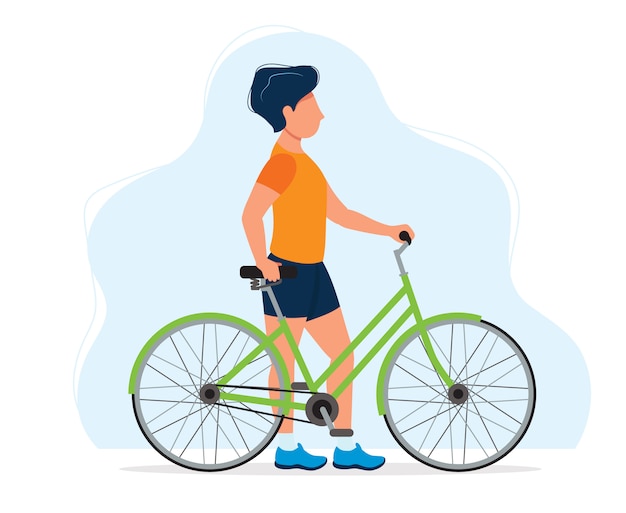 Homem com uma bicicleta, ilustração do conceito de estilo de vida saudável, esporte