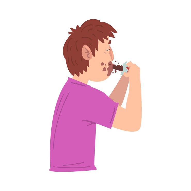 Vetor homem comendo chocolate dente doce homem personagem de desenho animado gostando de comer doces ilustração vetorial