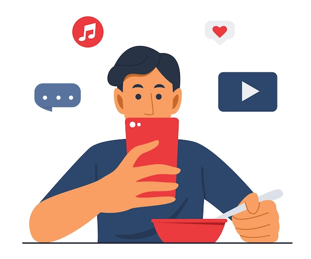 Homem comendo comida e assistindo celular