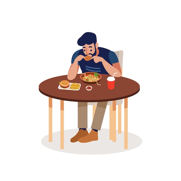 Homem comendo em uma mesa de fast food isolada em um fundo branco um homem entra em um fast food e faz um pedido ilustração vetorial plana