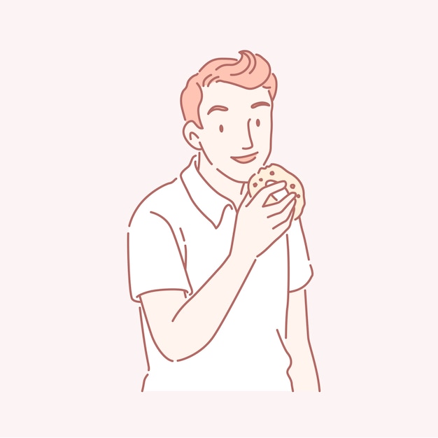 Homem comendo rosquinha deliciosa na linha de arte