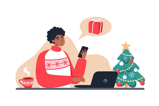Homem compra presentes em loja online, compras online de natal e ano novo em casa