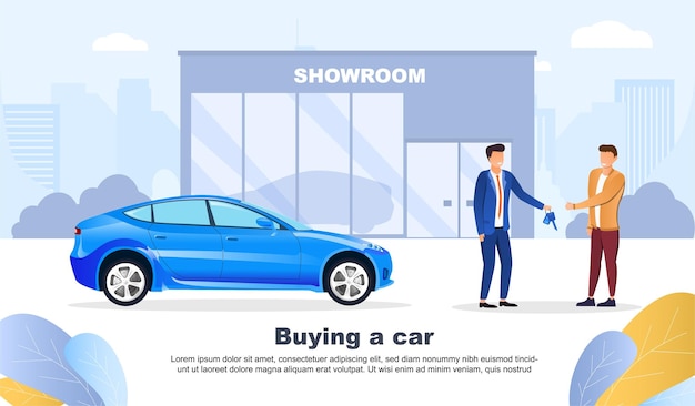 Homem comprando um carro de uma concessionária de automóveis com o vendedor entregando-lhe as chaves vetor colorido