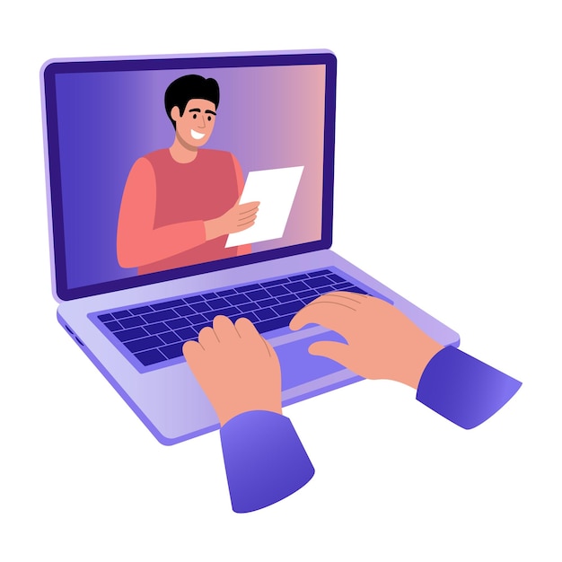 Homem conduzindo uma apresentação on-line em um laptop com as mãos em foco