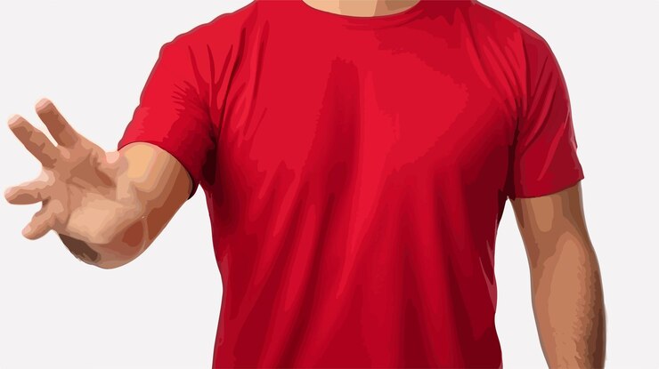 Vetor homem confiante de camisa vermelha esticando o braço e os dedos
