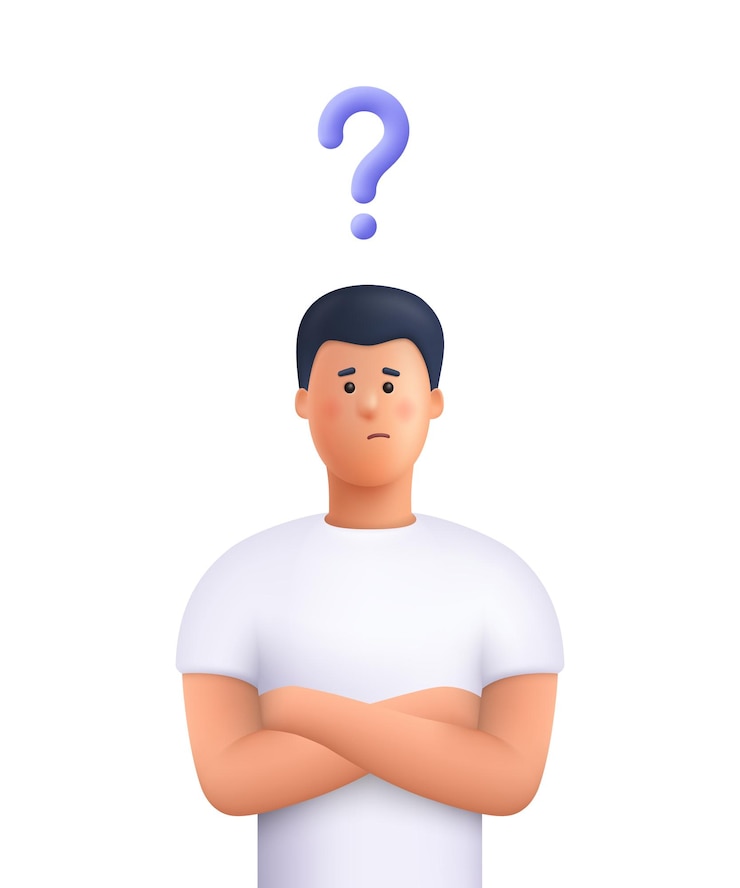 Vetor homem confuso pensando com braços cruzados pose com ponto de interrogação escolha dúvidas e resolução de problemas conceito 3d vetor pessoas personagem ilustração desenho animado estilo mínimo