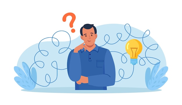 Homem confuso pensando em ideias para encontrar soluções Habilidade de resolução de problemas criatividade para resolver questões difíceis Os pensamentos humanos processam o pensamento estratégico para criar e desenvolver soluções