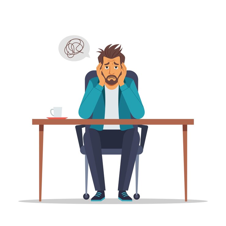 Vetor homem confuso ponderando uma solução de problema ilustração plana vetorial