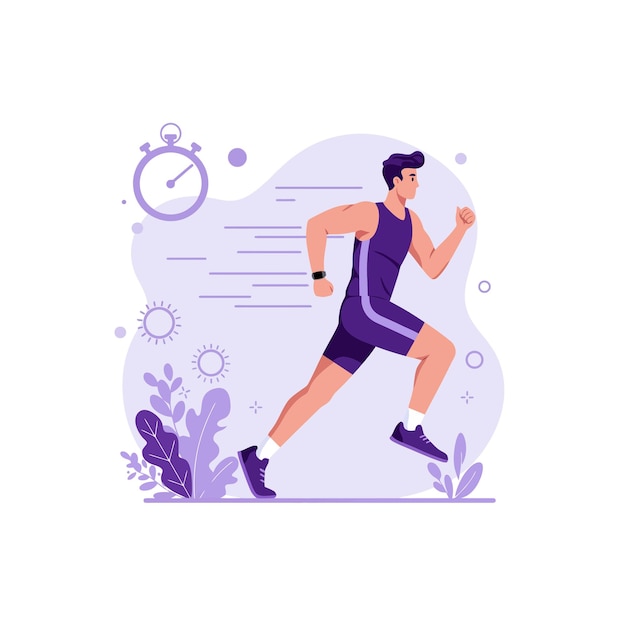 Homem correndo com cronômetro rastreando tempo Ilustração de aptidão e velocidade