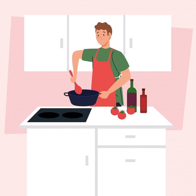 Homem cozinhando usando avental, na cena da cozinha com suprimentos e vegetais