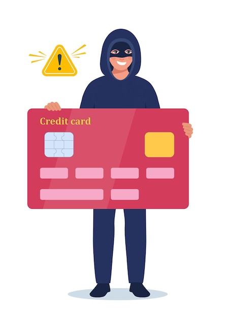 Homem criminoso em máscara segurando cartão de crédito cometendo ilustração vetorial de crime