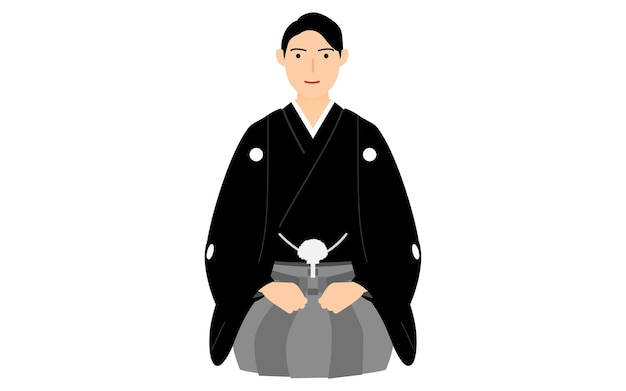 Homem cumprimentando o ano novo sentado no kimono montsuki hakama
