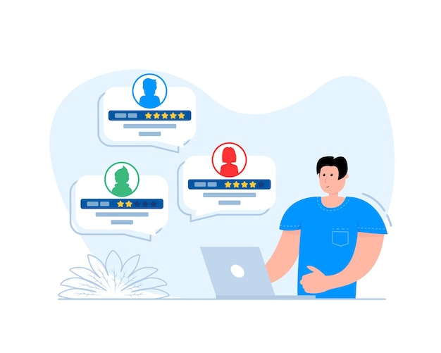 Vetor homem dando avaliação na loja de internet suporte ao cliente five star feedback