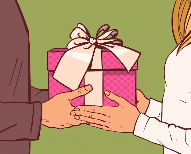 Vetor homem dando presente ou caixa de presente para mulher mãos closeup
