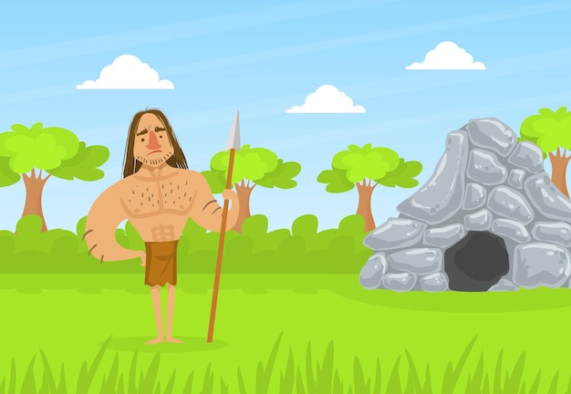 Homem das cavernas pré-histórico em pele animal de pé com lança na idade da pedra ilustração vetorial da paisagem natural