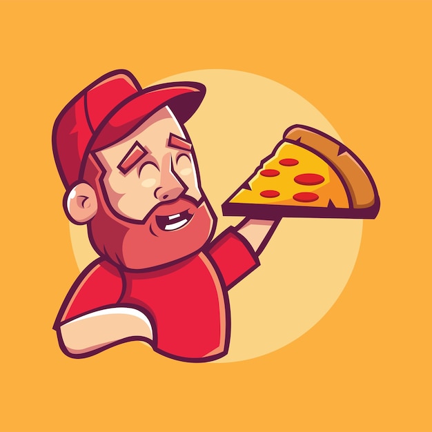 Homem de barba engraçado com ilustração de mascote de pizza