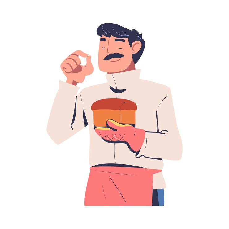 Vetor homem de bigode padeiro em avental segurando pão recém-cozido com ilustração vetorial de potholder