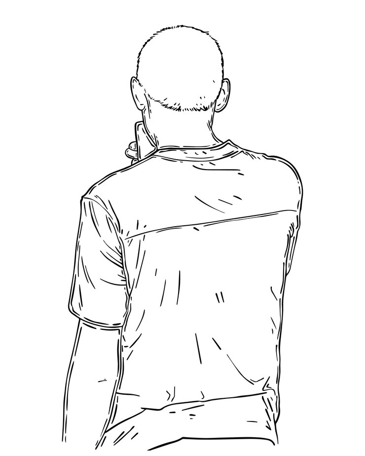 Vetor homem de cabelo curto com um telefone na mão em uma camiseta doodle linear