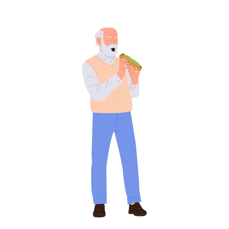 Vetor homem de cabelos grisalhos aposentado personagem de desenho animado comendo sanduíche desfrutando do tempo de pausa isolado em branco