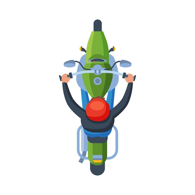 Homem de capacete laranja montando motocicleta vista de cima ilustração vetorial plana