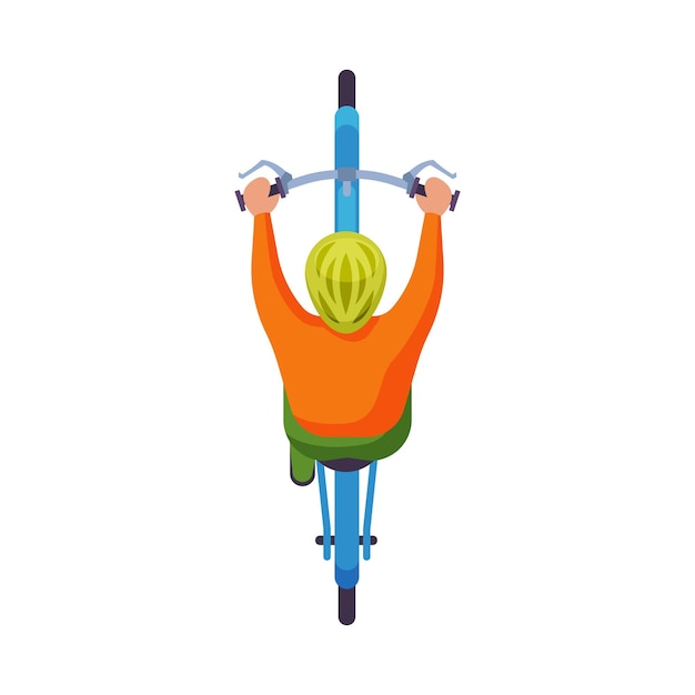 Vetor homem de capacete montando bicicleta vista de cima ciclista em bicicleta ilustração vetorial plana
