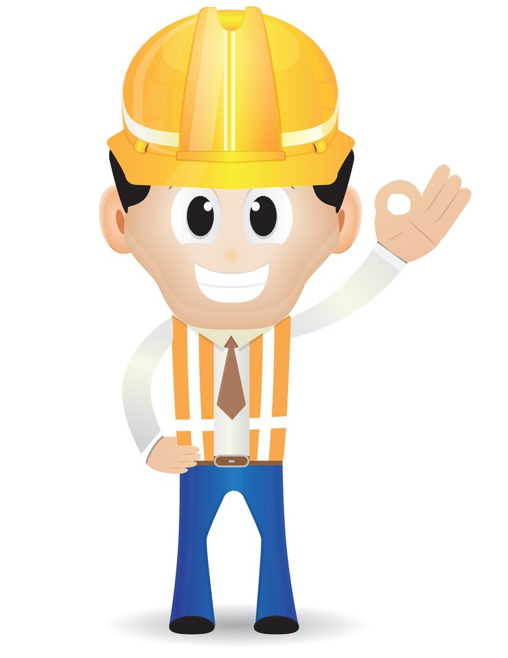 Vetor homem de construção dos desenhos animados, segure a mão no sinal de ok