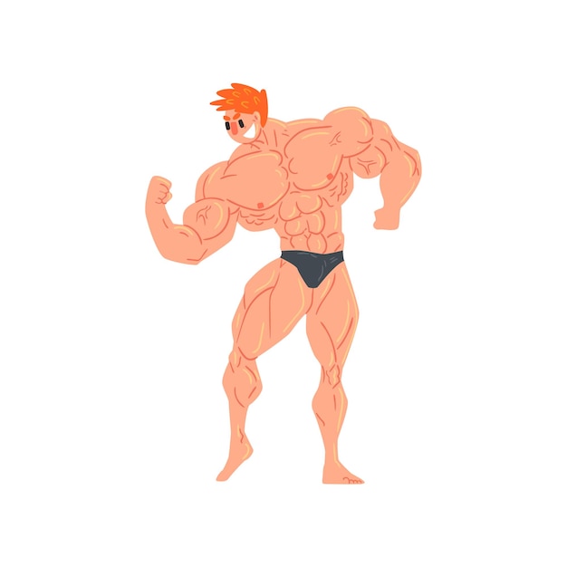 Homem de cueca preta fisiculturista engraçado personagem sorridente em esteróides demonstrando os músculos do bíceps como rotina de homem forte