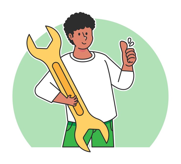 Vetor homem de desenho animado segurando uma chave inglesa