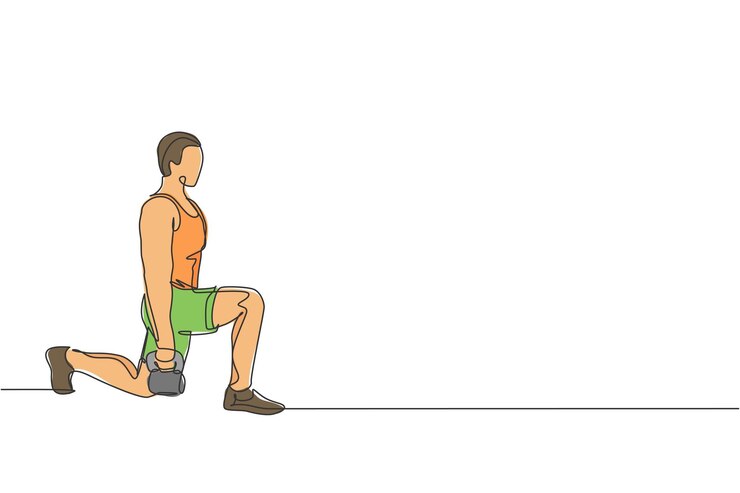 Vetor homem de desenho de linha contínua única treinando para cima e para baixo com o conceito de alongamento fitness kettlebell