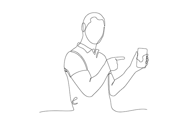 Homem de desenho de linha única apontando para o telefone móvel conceito de telefone móvel desenho de linha contínua