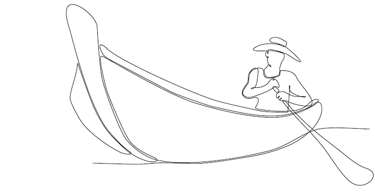 Vetor homem de desenho de linha única em pé no barco, navegando com pranchas de barco de madeira