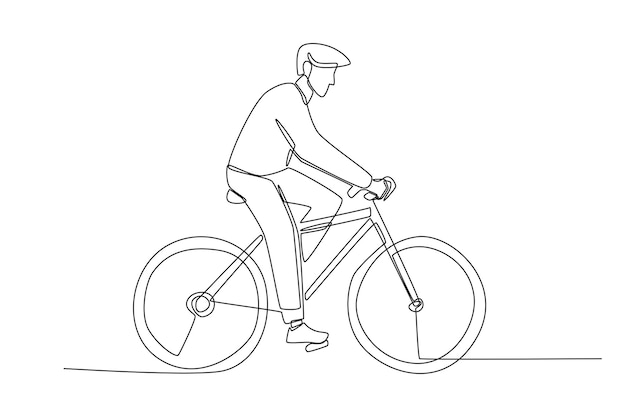 Vetor homem de desenho de uma única linha andando de bicicleta na estrada conceito de estrada e tráfego ilustração em vetor gráfico de desenho de linha contínua