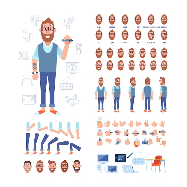 Vetor homem de designer para animação com vários penteados, sincronização labial e gestos vetor de vista traseira do lado frontal