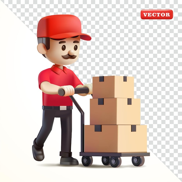 Homem de entrega carregando carrinho de carga caixas de papelão de mercadorias vetor 3d adequado para negócios