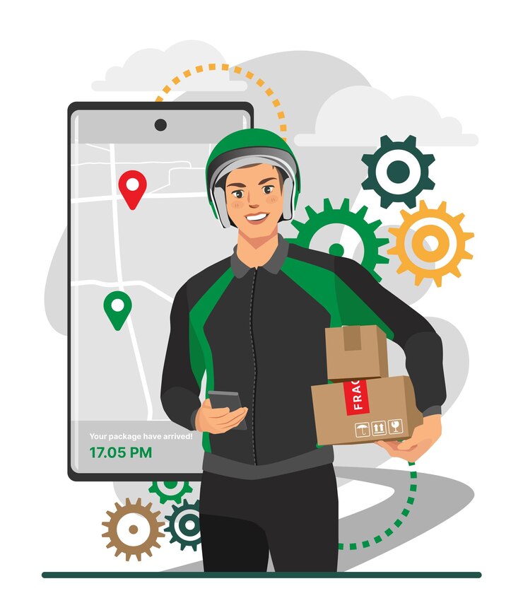 Vetor homem de entrega com ilustração sorridente de smartphone