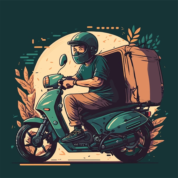Homem de entrega de comida andando de scooter ilustração de estilo plano vetor de motocicleta