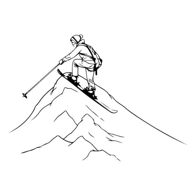 Vetor homem de esqui no topo da montanha ilustração vetorial