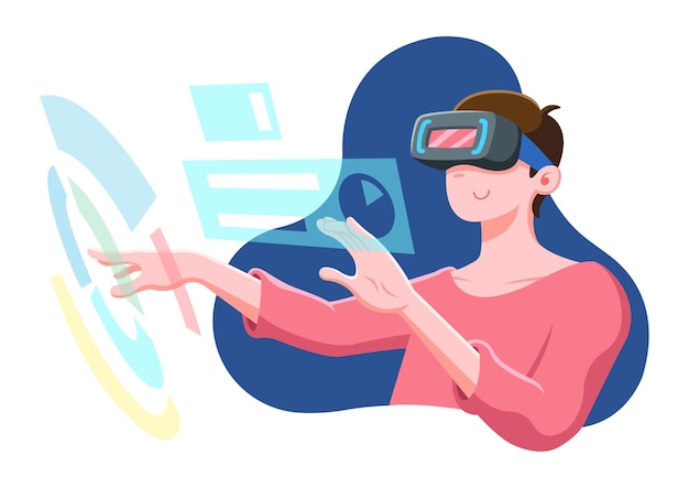 Homem de estilo simples usando óculos de realidade virtual fazendo desenho de análise de dados