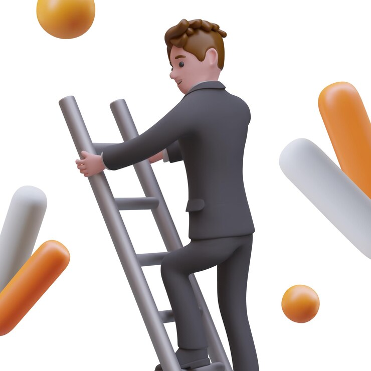 Vetor homem de fato de negócios sobe as escadas em 3d. pessoas de negócios.