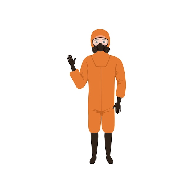 Vetor homem de fato protetor laranja de pé e agitando a mão proteção contra produtos químicos ou biológicos