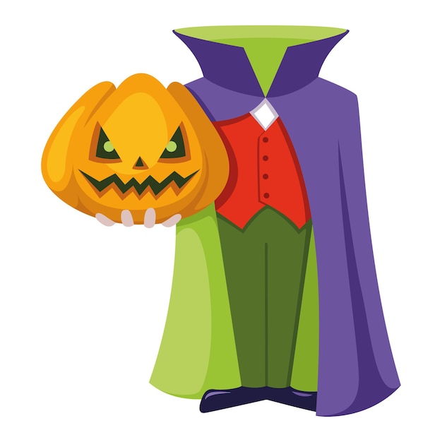 Homem de halloween com abóbora na cabeça. ilustração em vetor plana dos desenhos animados