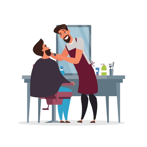 Homem de ilustração de salão de moda barbearia no avental com ferramenta de cabeleireiro e cliente na poltrona Estilista profissional fazendo corte de cabelo com aparador de barba elétrico