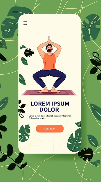 Homem de ioga praticando postura em tapete conceito de estilo de vida saudável cercado por folhas verdes modelo de site de fundo