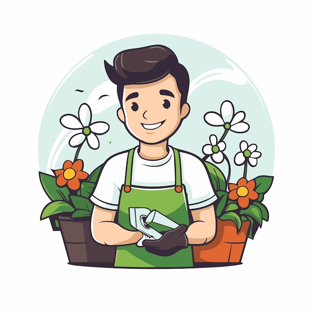 Homem de jardim com flores ilustração vetorial em estilo de desenho animado
