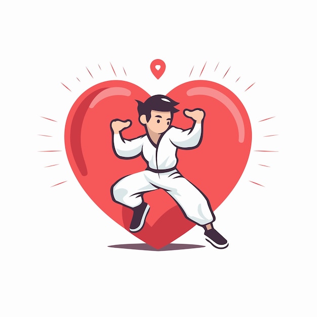 Homem de karatê com coração vermelho ilustração vetorial em estilo de desenho animado