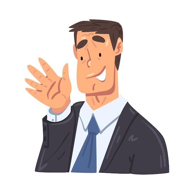 Homem de negócios agitando a mão Funny funcionário de escritório Personagem em roupas de estilo formal Avatar de negócios Ilustração vetorial de estilo de desenho animado