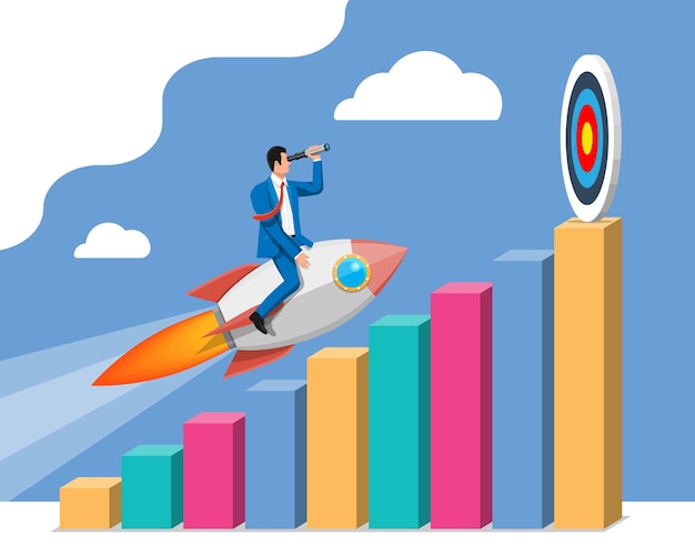 Homem de negócios bem-sucedido voando no foguete no gráfico indo até o alvo. Empresário na nave espacial a voar. Novo negócio ou inicialização. Ideia, crescimento, sucesso, estratégia de arranque. Ilustração vetorial plana