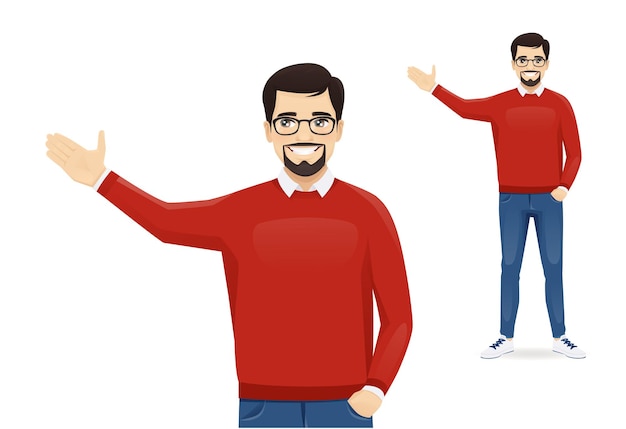 Homem de negócios bonito em roupas casuais apresentando algo isolado ilustração vetorial